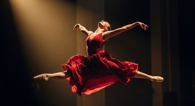 Ballerina in a red dress performing a dynamic leap