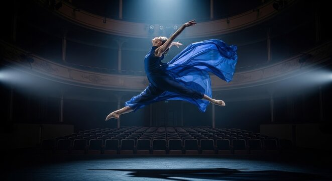 Ballerina Soars Mid-Leap in Dramatic Stage Spotlight