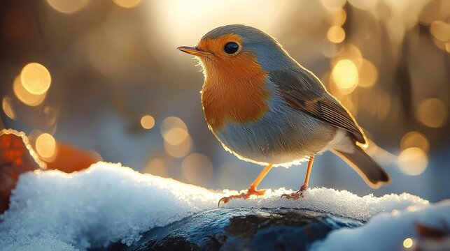 small orange-breasted songbird perched on snowy rock in warm golden backlight, serene and curious winter morning