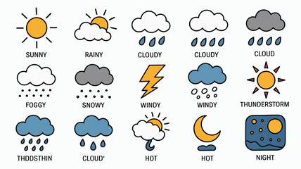 Obraz premium A collection of colorful weather icons depicts various atmospheric conditions including sun clouds rain snow and thunderstorms high quality professional detailed modern elegant stylish clean crisp