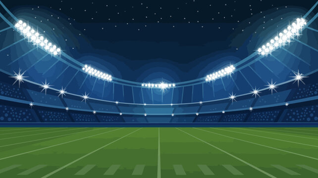 An illustration depicts a brightly lit football stadium at night complete with tiered seating and a vibrant green field high quality professional detailed modern elegant stylish