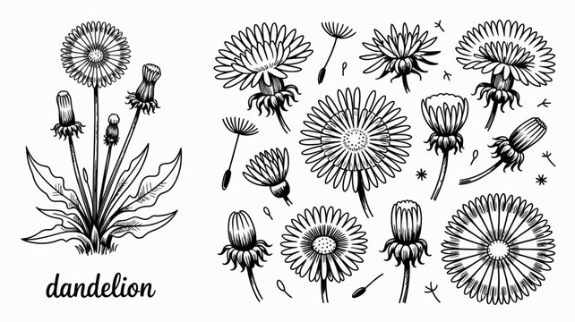 A detailed black and white illustration showcases various stages of dandelion life from budding flowers to seed heads with floating parachutes high quality professional modern elegant