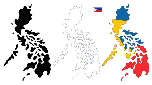 A graphic representation showcases the philippines in three distinct styles solid black white outline and a colored map with the national flag high quality professional detailed