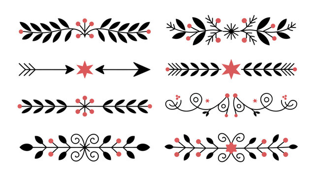 A collection of decorative floral and botanical elements including branches leaves and berries arranged in dividers and arrows high quality professional detailed modern elegant stylish clean