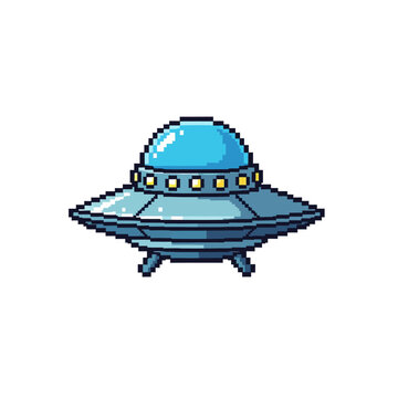 pixel art ufo flying saucer graphic for retro sci-fi game design or digital illustration isolated on white background