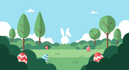 Fototapeta premium an easter egg hunt with a white easter bunny and colorful decorated eggs hidden in a lush green forest clearing on a sunny spring day.