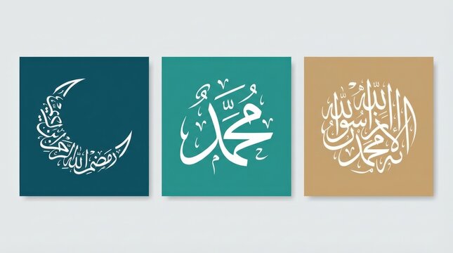 Tri Panel Islamic Arabic Calligraphy Art on Neutral Background.