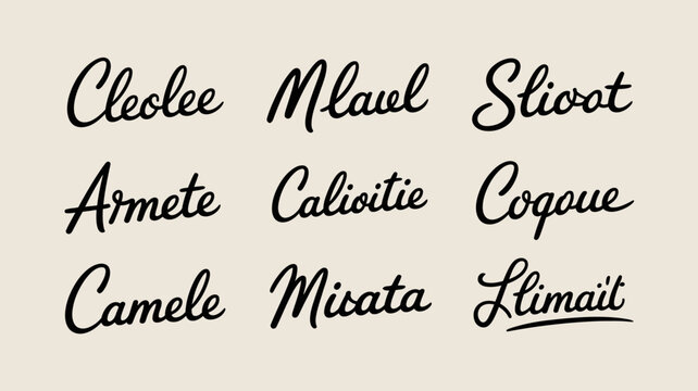 An assortment of handwritten names in cursive script are displayed against a neutral beige background showcasing different styles high quality professional detailed modern elegant stylish clean