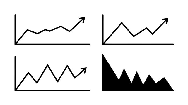 A collection of four simple black line graphs illustrating various data trends including growth decline and fluctuation high quality professional detailed modern elegant stylish clean crisp