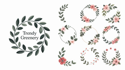 Fototapeta premium A collection of watercolor floral wreaths and greenery arrangements showcasing delicate pink blossoms and lush green leaves high quality professional detailed modern elegant stylish clean crisp