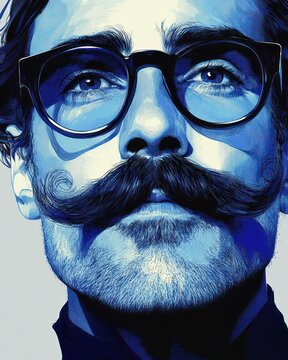 Cropped blue-toned illustrated portrait of a man's side profile with tousled hair, ear, stubble and dark collar, moody and introspective