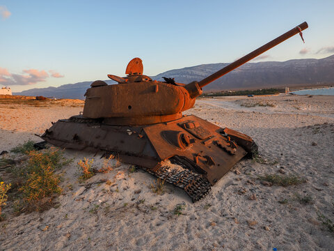 Abandoned T-34 tank on beach at sunset Socotra