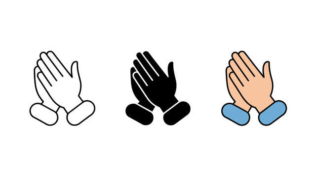 Three illustrations depict praying hands in varying styles outline solid black and colored with blue accents symbolizing faith and devotion high quality professional detailed modern elegant