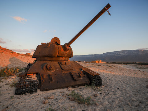 Abandoned T-34 tank at sunset on Socotra island copy space