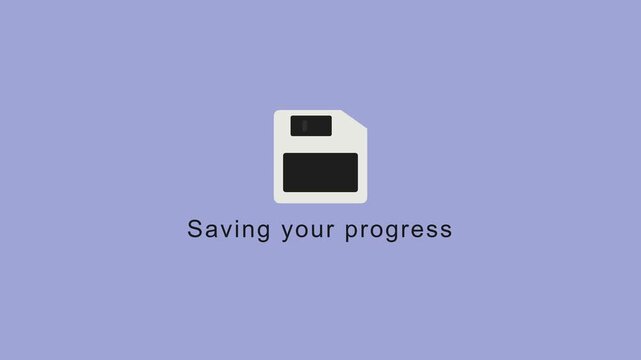 A floppy disk icon with saving progress text on a purple and white background, conveying a nostalgic computer concept.