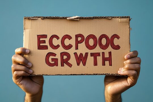 Two hands hold a cardboard sign with bold handwritten misspelled message 'ECCPOOC GRWTH', conveying an urgent plea and frustration against a blue background