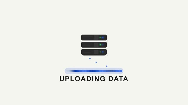 Graphic illustration of a server uploading data with a progress bar on a clean white background.