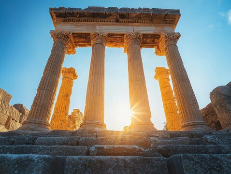 sunlit ancient stone temple columns and steps with warm golden sunburst, evoking awe and timeless grandeur