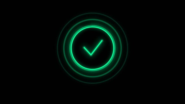 Glowing green neon checkmark icon in a circle on a black background with a minimalist design and a sense of confirmation or approval.