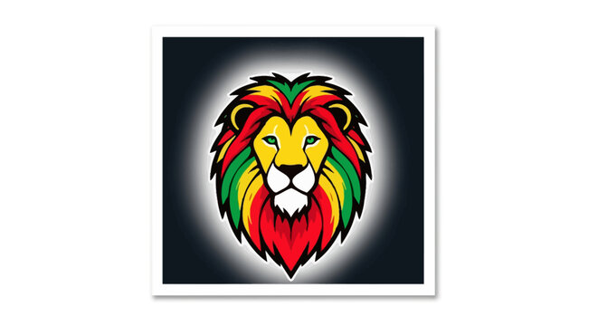 Stylized colorful lion head illustration in rasta colors on a dark background