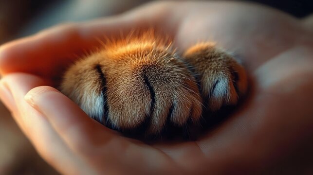 gentle human hand cradling a small furry kitten paw in a tender affectionate moment