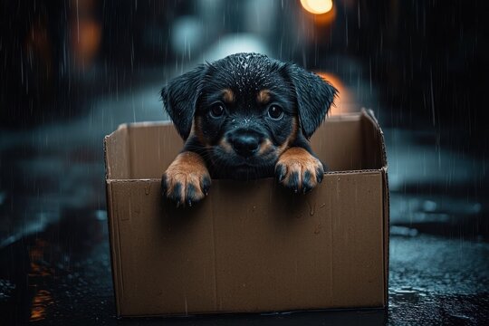 lonely wet puppy in a cardboard box on a rain-soaked street at night, paws gripping the box under glowing bokeh lights, forlorn and vulnerable