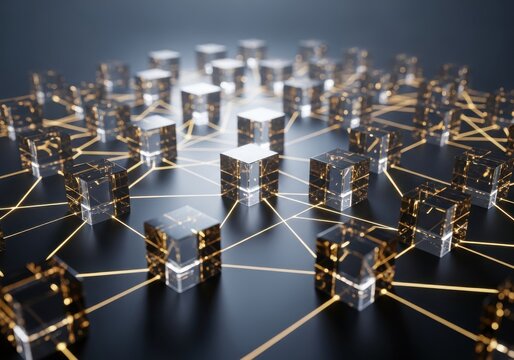Numerous translucent cubes are interconnected by glowing golden lines across a dark surface.