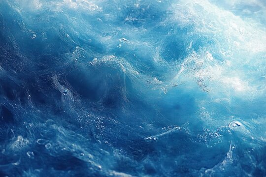 swirling blue ocean surface with waves, foam, bubbles and luminous reflections conveying restless energy and dynamic movement