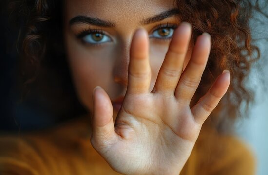 Individual with curly auburn hair wearing a mustard sweater raising an open hand toward the camera in a protective, shy gesture