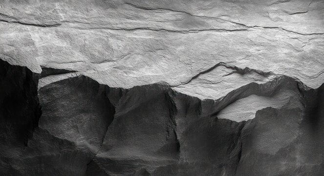 Monochrome layered rock face with deep crevices, textured strata and sharp ridges conveying stark, brooding austerity