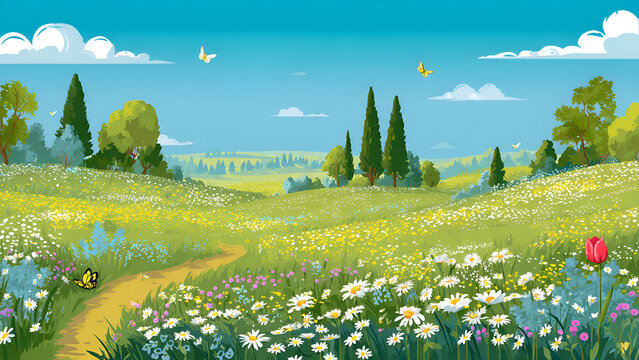 Hand Painted Digital Illustration of a Scenic Green Valley with Wildflowers, a Winding Dirt Path, Cypress Trees, and Blue Sky with Butterflies.