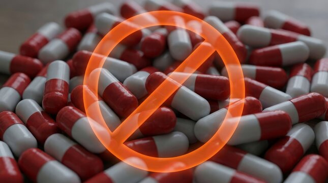 Pile of red and white capsules with prohibition sign overlay.