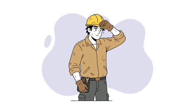 Tired Construction Worker Wiping Sweat Off Forehead After Hard Day's Work Illustration