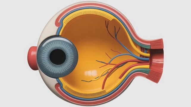 Detailed anatomical illustration of the human eyeball showing its internal structure and layers.