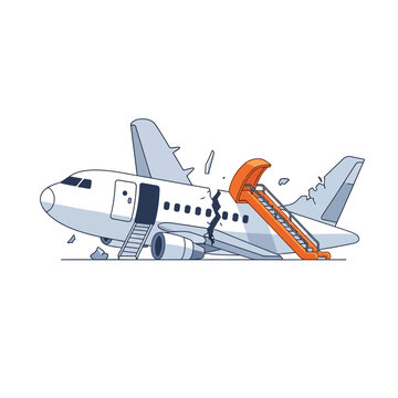 a dangerous airplane crash and accident showing a wrecked plane broken in half with emergency stairs