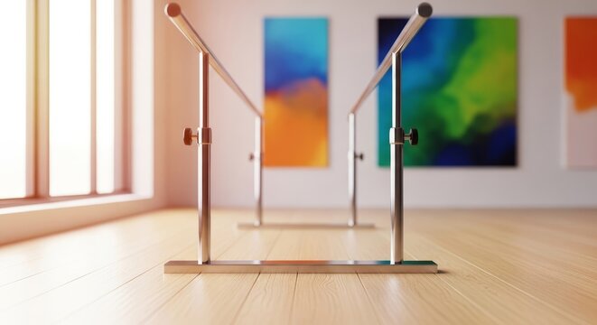A bright, spacious physical therapy clinic featuring metal parallel bars on a wooden floor under soft natural light for mobility training, clinic, design, orthopedic