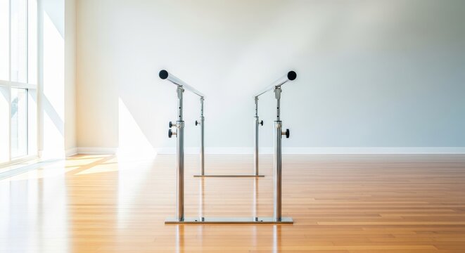 A bright, spacious physical therapy clinic featuring metal parallel bars on a wooden floor under soft natural light for mobility training, restorative, clinical, assistance