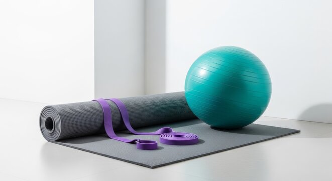 A bright clinical room features a textured exercise mat, purple elastic resistance bands, and a teal balance ball for physical therapy, clinic, medicine, modern