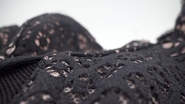 Close up of lace corset bra fabric texture and pattern details.
