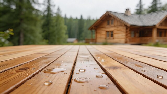 Wooden deck with raindrops near cabin