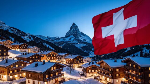 Scenic Swiss Flag Waving Over Snowy Zermatt Village and Matterhorn