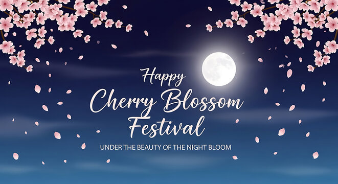 Pink cherry blossoms fall under a full moon at night