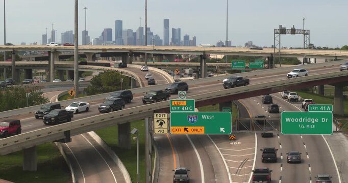 Heavy Traffic on I-45 South with Downtown Houston Skyline, Drone Shot