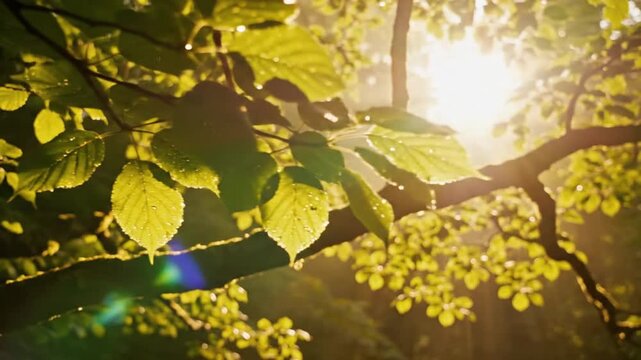 Sunlight shining through vibrant green leaves and wet branches in forest