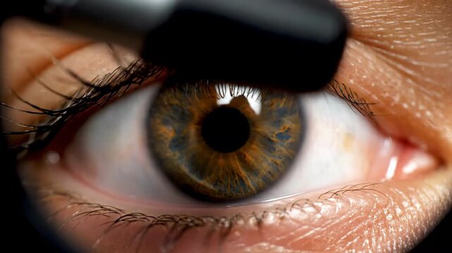 Extreme macro close-up of a human eye, focusing on the iris with intricate details of blue and brown colors. Eyelashes are visible framing the eye.