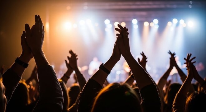 Enthusiastic crowd clapping hands at a concert hall