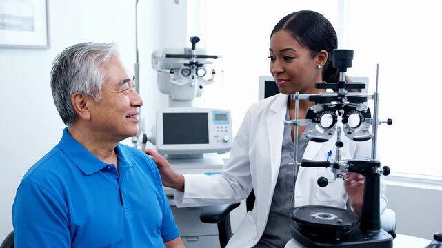 A female optometrist in a white coat consults with a male patient wearing a blue shirt in a well-lit medical examination room with specialized eye equipment.