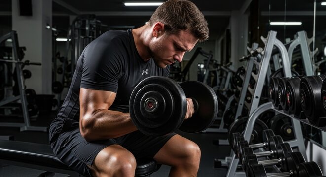Man training biceps with dumbbells in gym