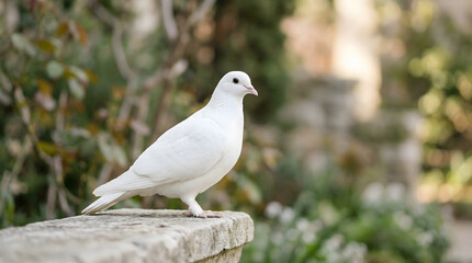 Fototapeta premium A pristine white dove gracefully perches on an ancient stone wall amidst lush green foliage, embodying peace and natural beauty in a serene garden environment