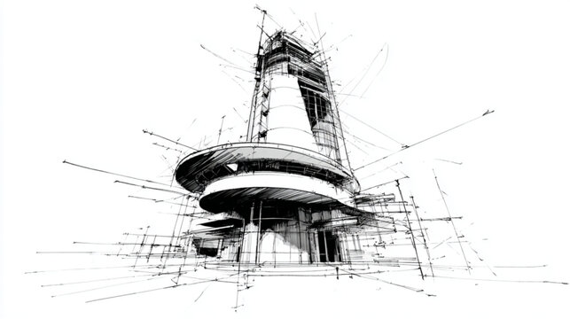 Sketchy Architectural Drawing Of Modern Tower Building Under Construction For Design Concepts